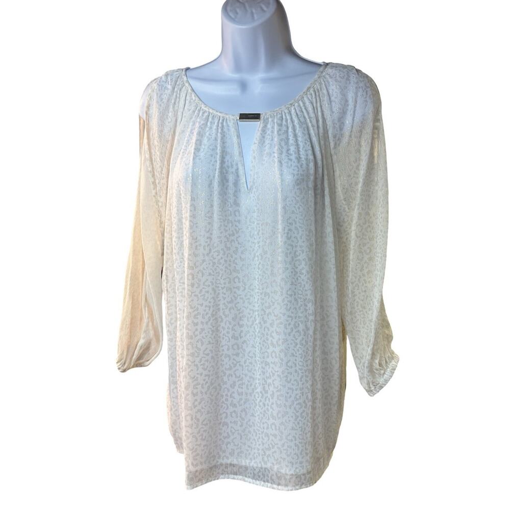 Cache Ivory Leopard Print Blouse Metallic 3/4 Sleeve Keyhole Top Size L NWT